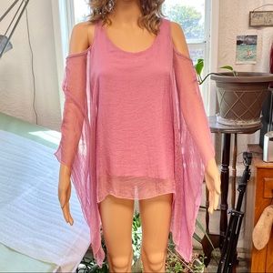 Soft Pink Cold-Shoulder Batwing Top/L-XL
